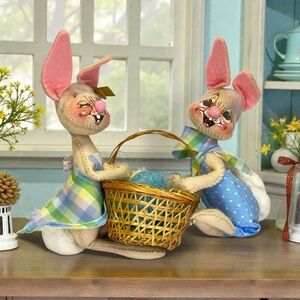 Annalee Doll Cloth Easter Bunny Couple Holding Basket With Styrofoam Egg